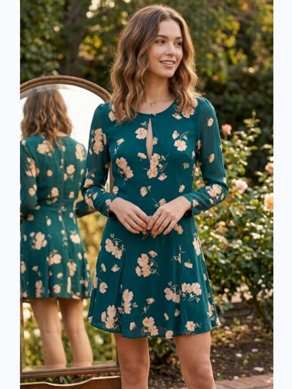 Privacy Please Teal Floral Keyhole Fit-and-Flare Dress
